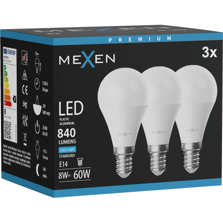 Mexen Nova 3x LED-lampa E14, G45, 8W, Kall - 6500K, 840 lm - L101-E14-0865-01x03