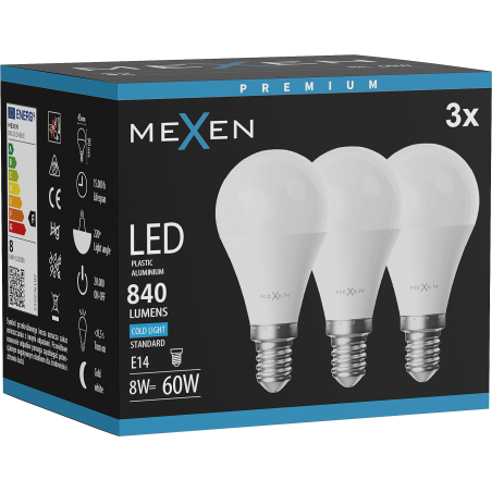 Mexen Nova 3x LED spuldze E14, G45, 8W, Auksts - 6500K, 840 lm - L101-E14-0865-01x03