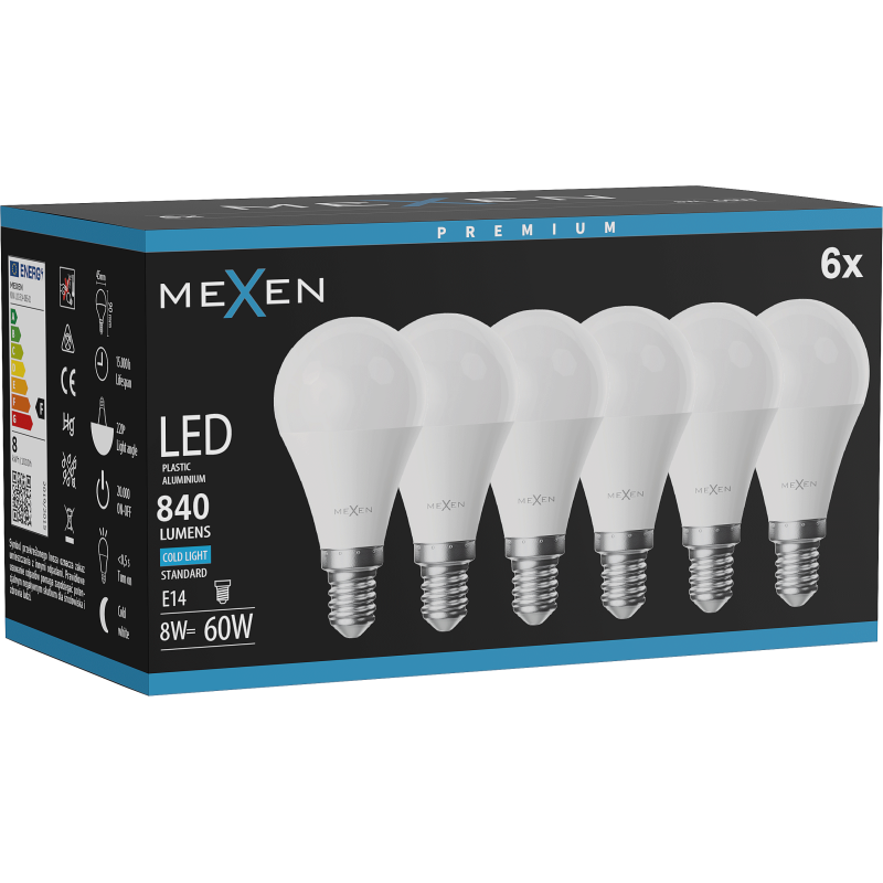 Mexen Nova 6x LED-lamp E14, G45, 8W, Koud - 6500K, 840 lm - L101-E14-0865-01x06