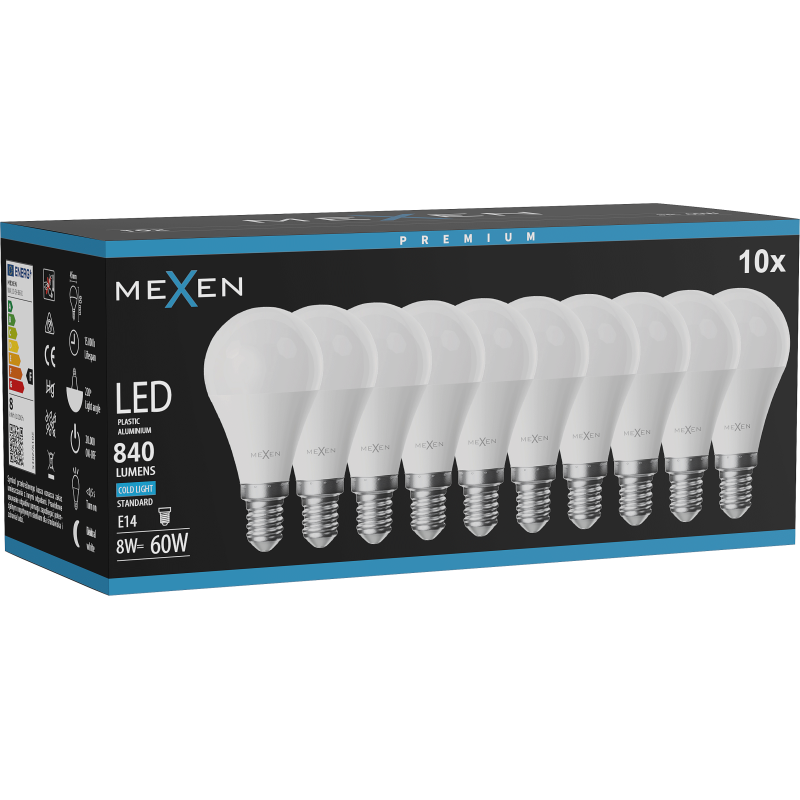 Mexen Nova 10x LED-lamppu E14, G45, 8W, Kylmä - 6500K, 840 lm - L101-E14-0865-01x10