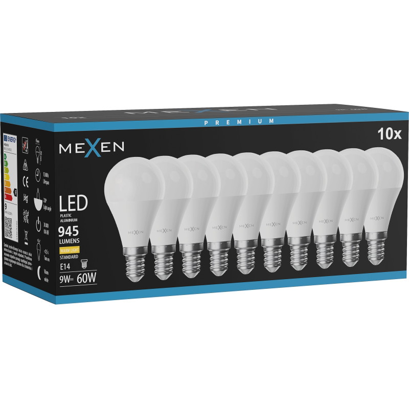 Mexen Nova 10x LED-lampa E14, G45, 9W, Varm - 3000K, 945 lm - L101-E14-0930-01x10