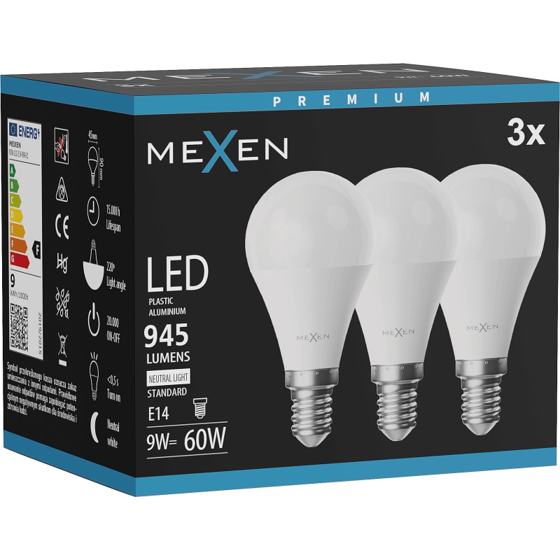 Mexen Nova 3x LED-lampa E14, G45, 9W, Neutral - 4000K, 945 lm - L101-E14-0940-01x03