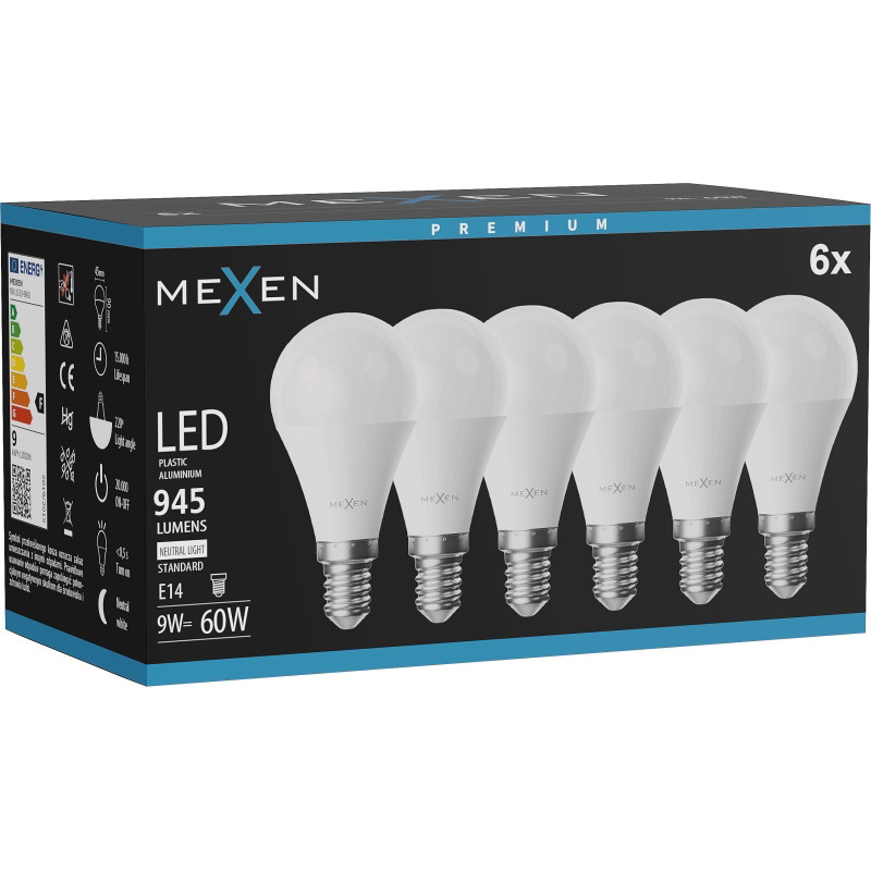 Mexen Nova 6x LED-lampa E14, G45, 9W, Neutral - 4000K, 945 lm - L101-E14-0940-01x06