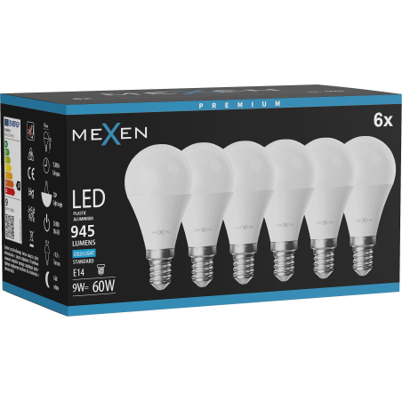Mexen Nova 6x LED-Glühbirne E14, G45, 9W, Kalt - 6500K, 945 lm - L101-E14-0965-01x06