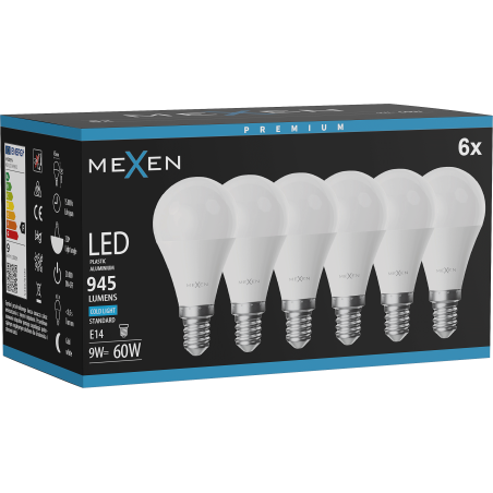 Mexen Nova 6x LED-lamppu E14, G45, 9W, Kylmä - 6500K, 945 lm - L101-E14-0965-01x06