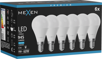 Mexen Nova 6x LED-lamp E14, G45, 9W, Külm - 6500K, 945 lm - L101-E14-0965-01x06