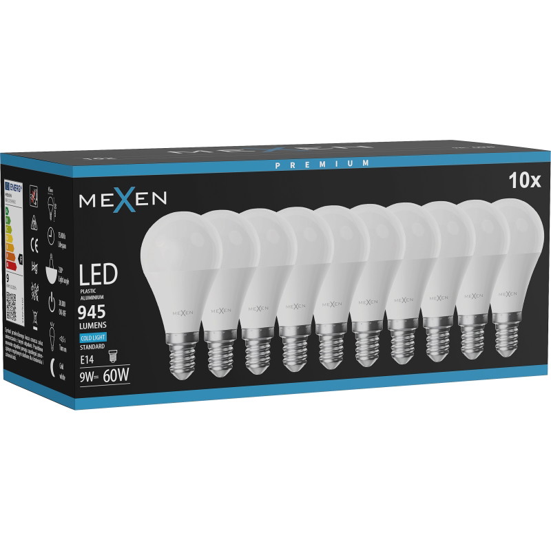 Mexen Nova 10x Bombilla LED E14, G45, 9W, Fría - 6500K, 945 lm - L101-E14-0965-01x10