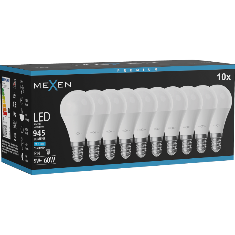 Mexen Nova 10x LED žarnica E14, G45, 9W, Hladna - 6500K, 945 lm - L101-E14-0965-01x10