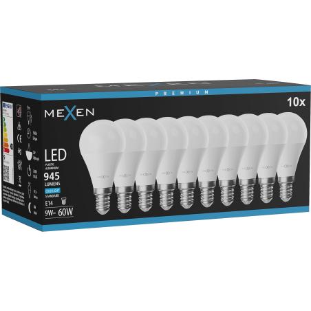 Mexen Nova 10x LED-Glühbirne E14, G45, 9W, Kalt - 6500K, 945 lm - L101-E14-0965-01x10