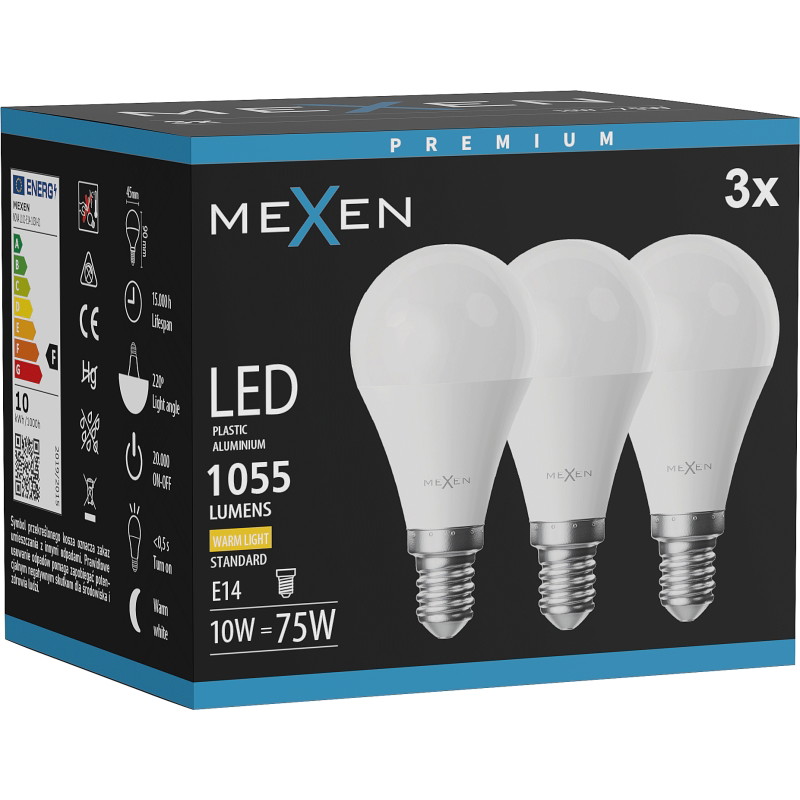 Mexen Nova 3x Bombilla LED E14, G45, 10W, Cálida - 3000K, 1055 lm - L101-E14-1030-01x03
