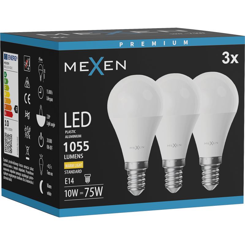 Mexen Nova 3x LED-lamp E14, G45, 10W, Warm - 3000K, 1055 lm - L101-E14-1030-01x03