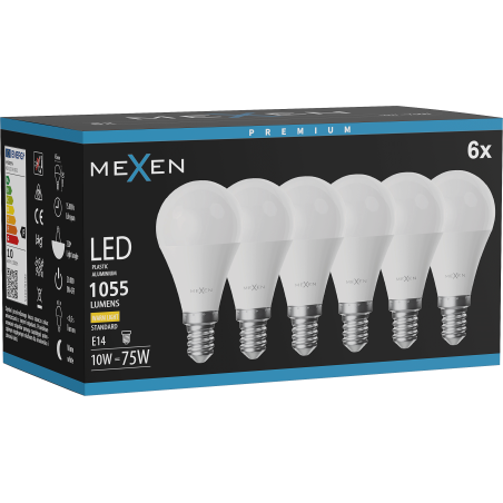 Mexen Nova 6x LED-glödlampa E14, G45, 10W, Varm - 3000K, 1055 lm - L101-E14-1030-01x06