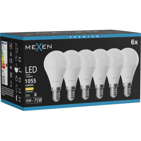 Mexen Nova 6x LED-lamp E14, G45, 10W, Warm - 3000K, 1055 lm - L101-E14-1030-01x06