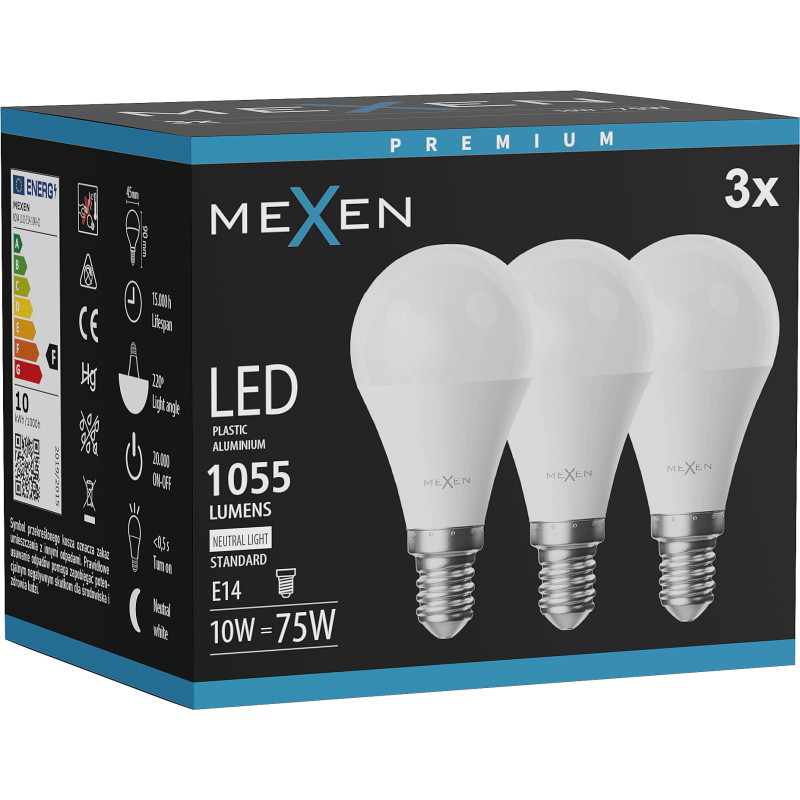 Mexen Nova 3x LED-lampa E14, G45, 10W, Neutral - 4000K, 1055 lm - L101-E14-1040-01x03