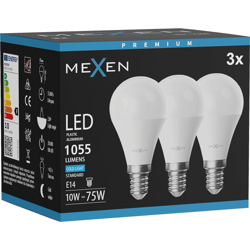 Mexen Nova 3x LED-lampor E14, G45, 10W, Kall - 6500K, 1055 lm - L101-E14-1065-01x03