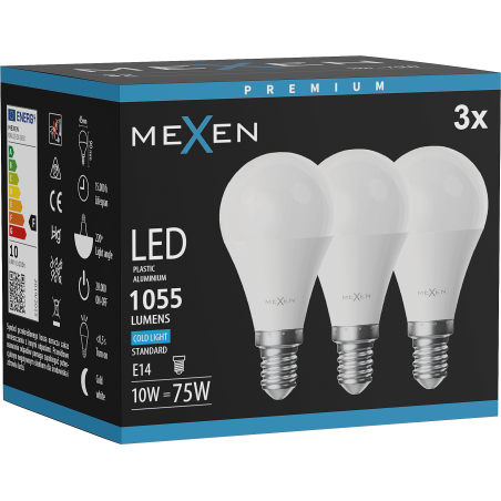 Mexen Nova 3x LED-Glühbirne E14, G45, 10W, Kalt - 6500K, 1055 lm - L101-E14-1065-01x03