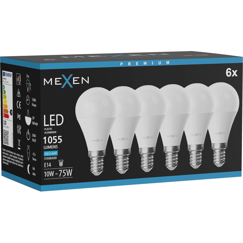 Mexen Nova 6x LED-lampa E14, G45, 10W, kall - 6500K, 1055 lm - L101-E14-1065-01x06