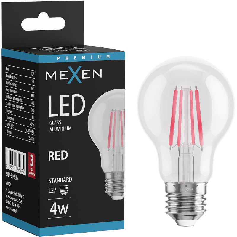 Mexen Vintis LED-filamenttilamppu E27, A60, 4W, 55 lm, punainen - L150-E27-04XX-45