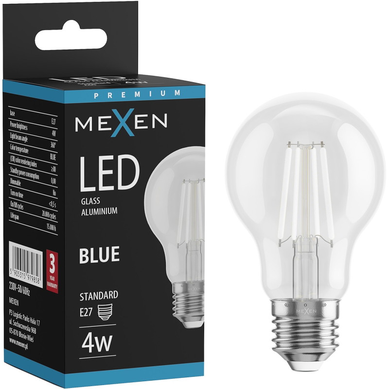 Mexen Vintis Bombilla de filamento LED E27, A60, 4W, 55 lm, azul - L150-E27-04XX-47