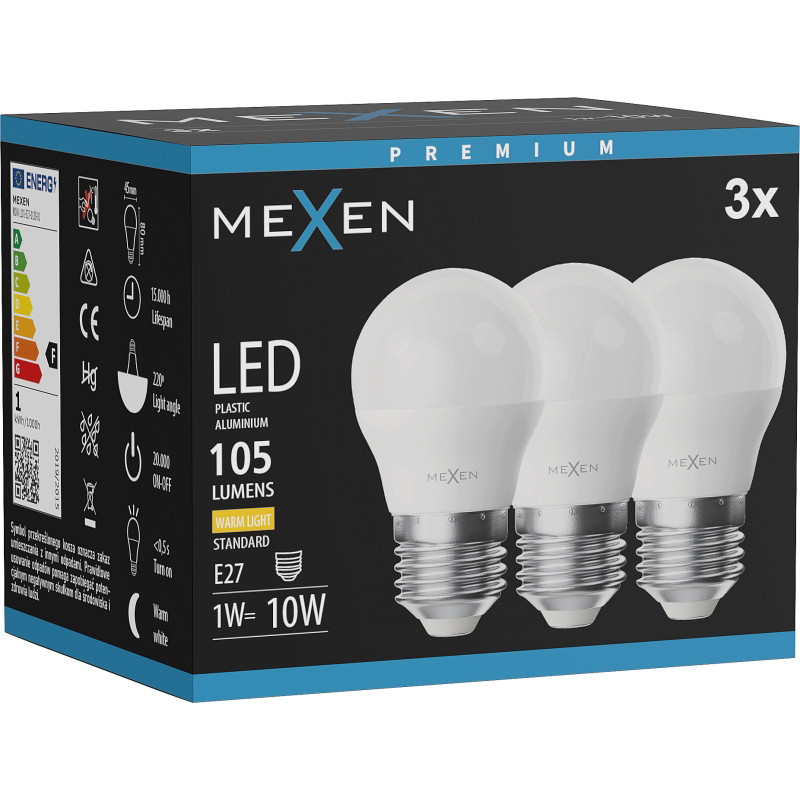 Mexen Nova 3x Bombilla LED E27, G45, 1W, Cálida - 3000K, 105 lm - L101-E27-0130-01x03