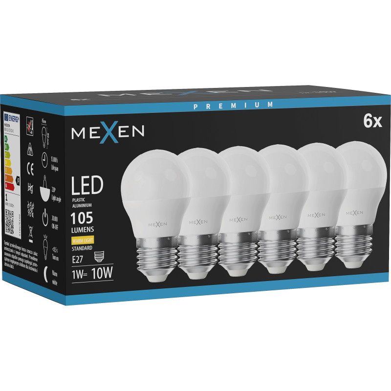 Mexen Nova 6x Bombilla LED E27, G45, 1W, Cálida - 3000K, 105 lm - L101-E27-0130-01x06