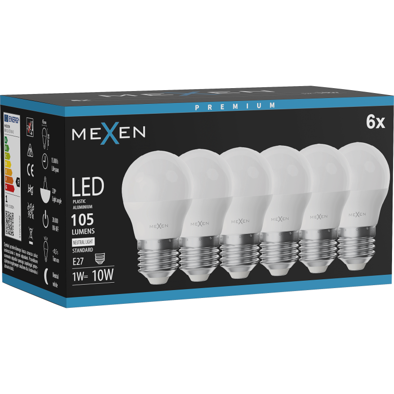 Mexen Nova 6x żarówka LED E27, G45, 1W, Neutralna - 4000K, 105 lm - L101-E27-0140-01x06