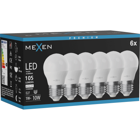 Mexen Nova 6x LED-lampa E27, G45, 1W, Neutral - 4000K, 105 lm - L101-E27-0140-01x06