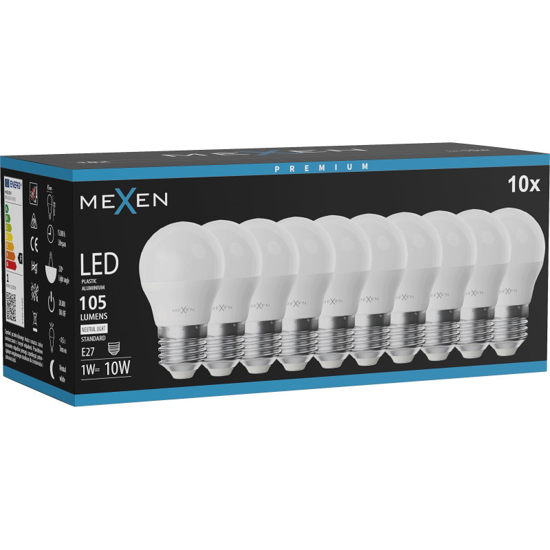 Mexen Nova 10x Bombilla LED E27, G45, 1W, Neutral - 4000K, 105 lm - L101-E27-0140-01x10