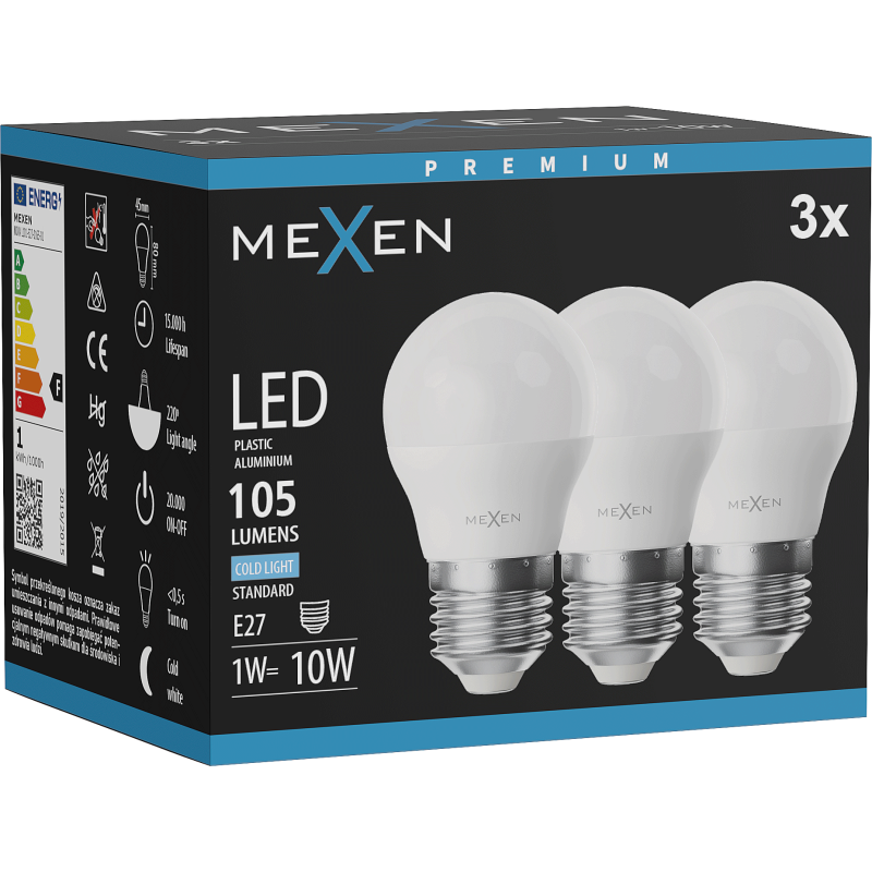 Mexen Nova 3x żarówka LED E27, G45, 1W, Zimna - 6500K, 105 lm - L101-E27-0165-01x03