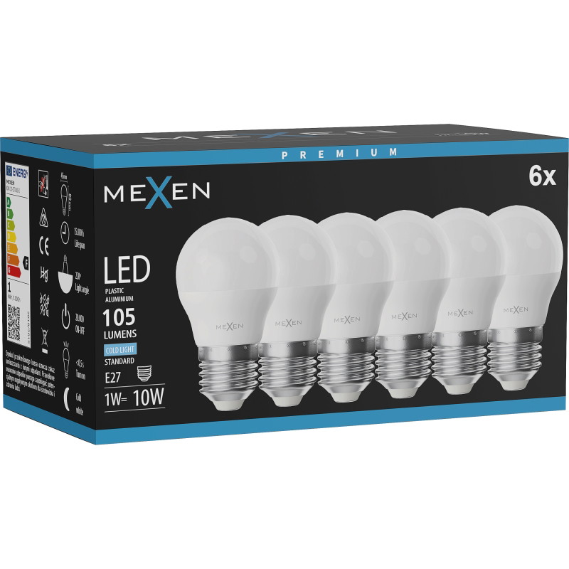 Mexen Nova 6x LED-lampa E27, G45, 1W, Kall - 6500K, 105 lm - L101-E27-0165-01x06