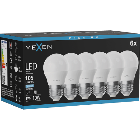 Mexen Nova 6x LED-Glühbirne E27, G45, 1W, Kalt - 6500K, 105 lm - L101-E27-0165-01x06