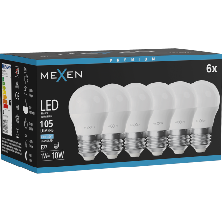 Mexen Nova 6x LED-lampa E27, G45, 1W, Kall - 6500K, 105 lm - L101-E27-0165-01x06