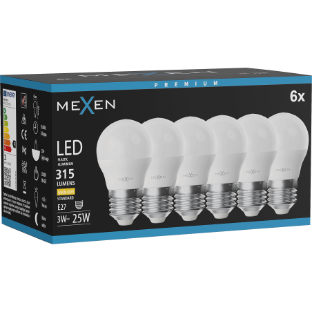 Mexen Nova 6x LED-lamppu E27, G45, 3W, Lämmin - 3000K, 315 lm - L101-E27-0330-01x06