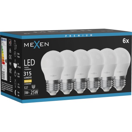 Mexen Nova 6x LED Žarnica E27, G45, 3W, Topla - 3000K, 315 lm - L101-E27-0330-01x06