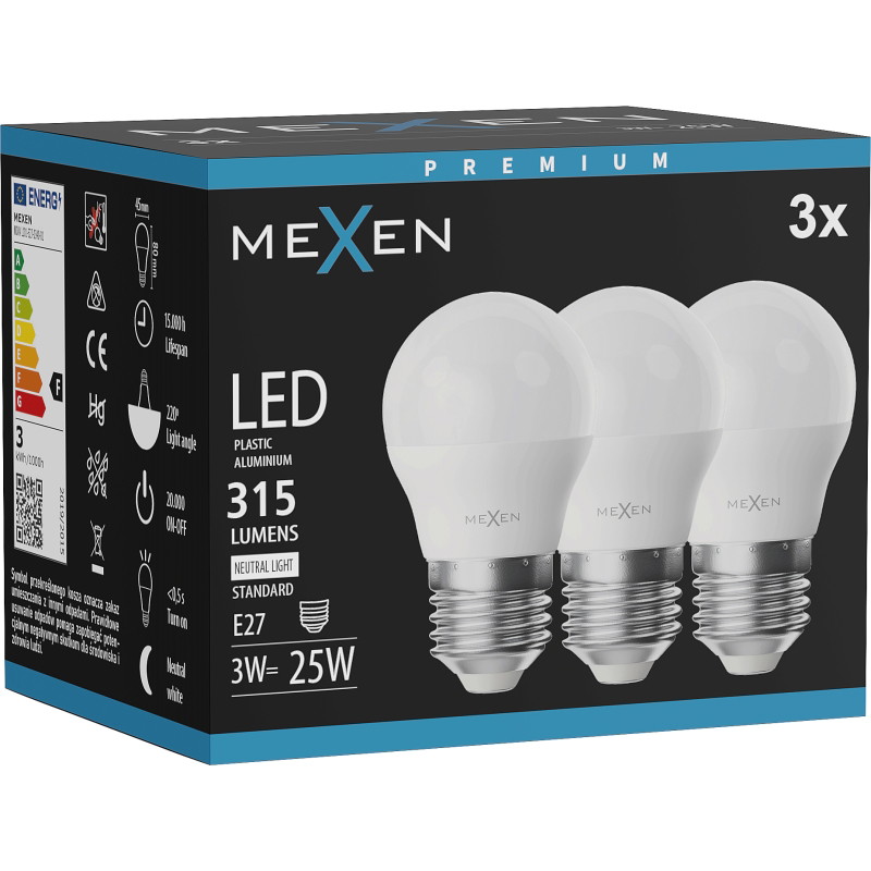 Mexen Nova 3x LED-glödlampa E27, G45, 3W, Neutral - 4000K, 315 lm - L101-E27-0340-01x03