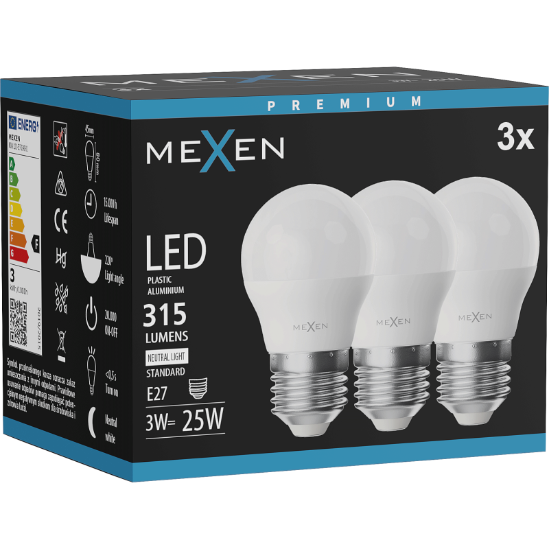 Mexen Nova 3x żarówka LED E27, G45, 3W, Neutralna - 4000K, 315 lm - L101-E27-0340-01x03