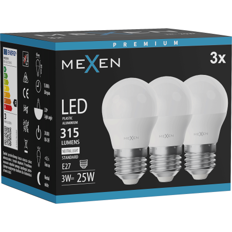 Mexen Nova 3x Bombilla LED E27, G45, 3W, Neutra - 4000K, 315 lm - L101-E27-0340-01x03