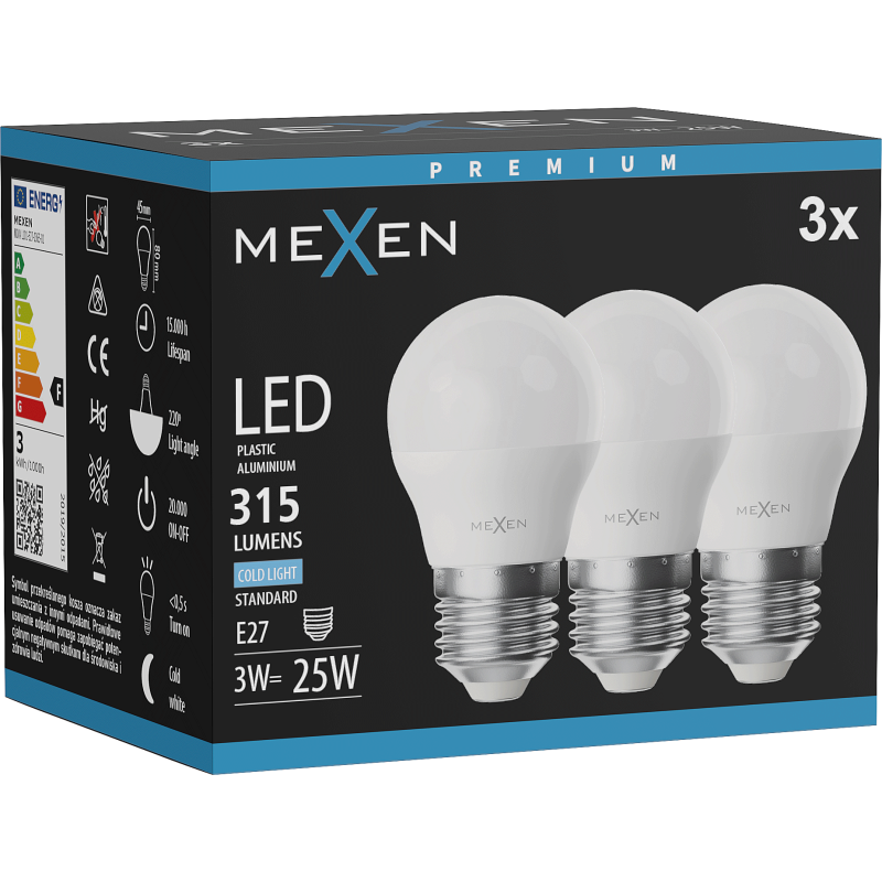 Mexen Nova 3x żarówka LED E27, G45, 3W, Zimna - 6500K, 315 lm - L101-E27-0365-01x03