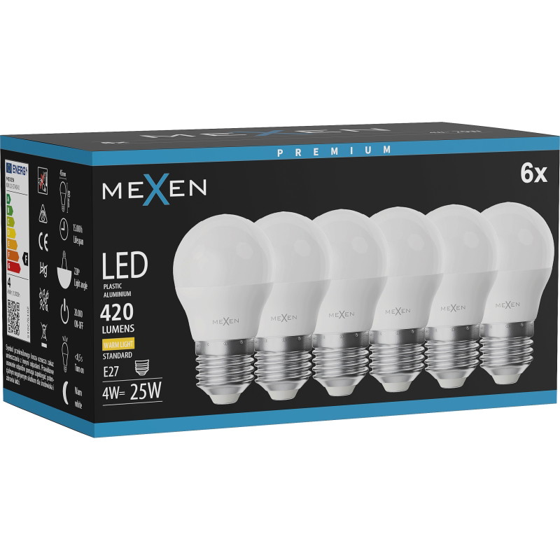 Mexen Nova 6x LED-lampa E27, G45, 4W, Varm - 3000K, 420 lm - L101-E27-0430-01x06