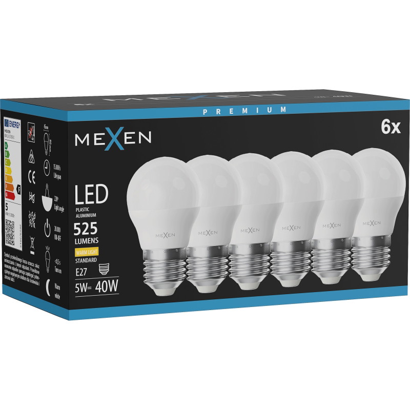 Mexen Nova 6x Bombilla LED E27, G45, 5W, Cálida - 3000K, 525 lm - L101-E27-0530-01x06