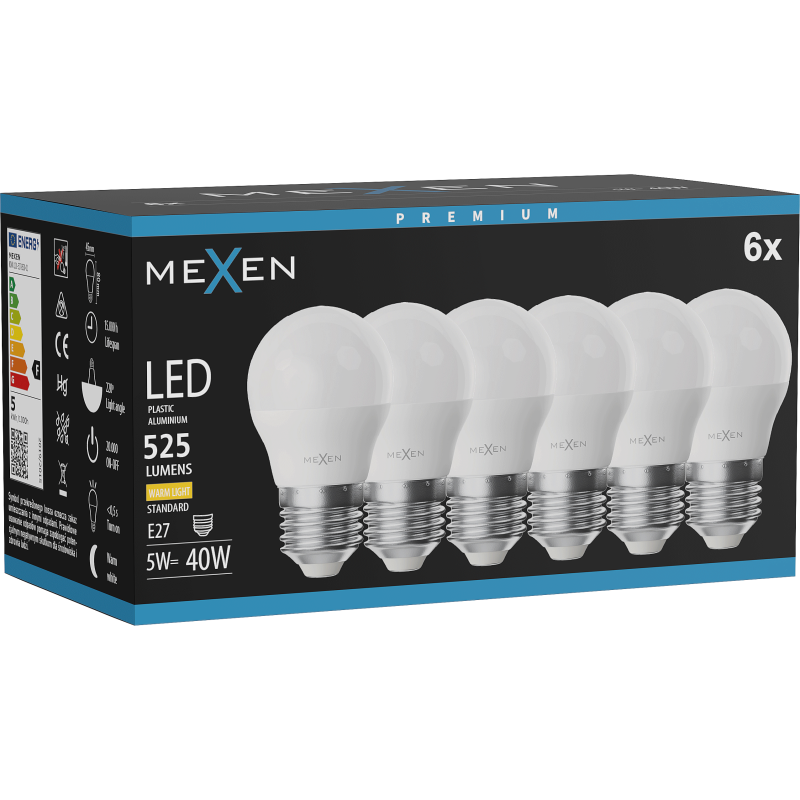 Mexen Nova 6x LED spuldze E27, G45, 5W, Silta - 3000K, 525 lm - L101-E27-0530-01x06