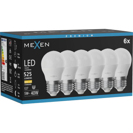 Mexen Nova 6x LED-Glühbirne E27, G45, 5W, Warm - 3000K, 525 lm - L101-E27-0530-01x06