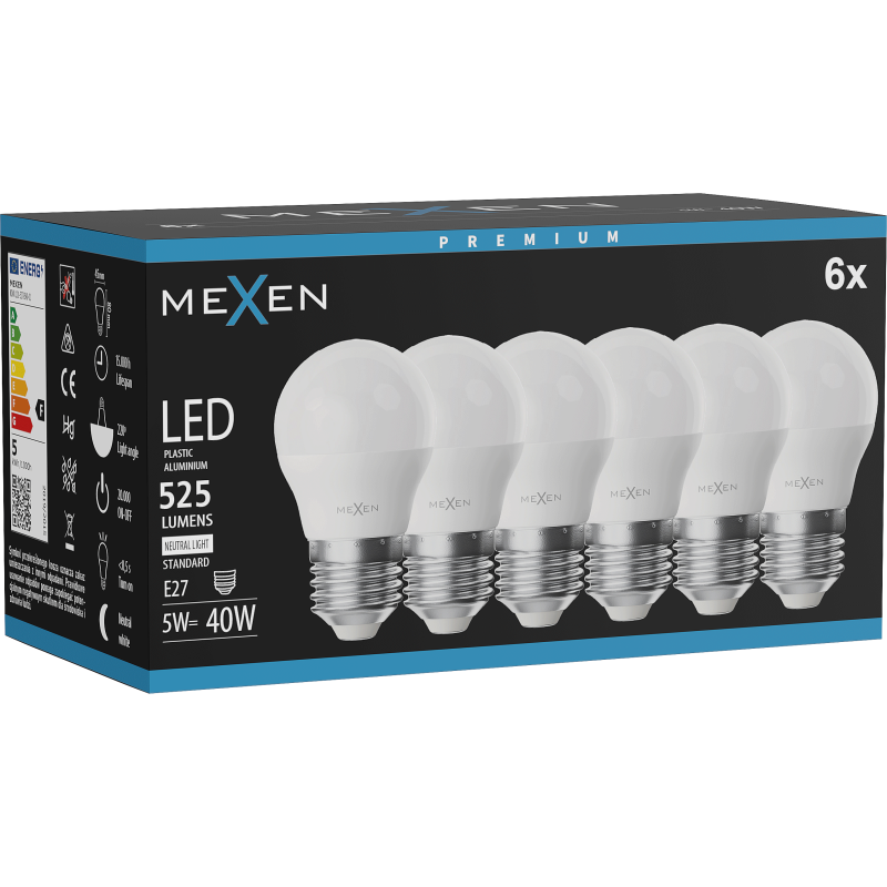 Mexen Nova 6x LED Glühbirne E27, G45, 5W, Neutral - 4000K, 525 lm - L101-E27-0540-01x06