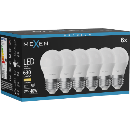 Mexen Nova 6x LED spuldze E27, G45, 6W, Silta - 3000K, 630 lm - L101-E27-0630-01x06