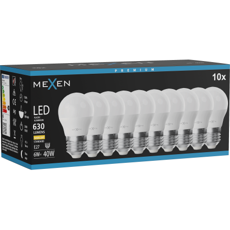 Mexen Nova 10x Bombilla LED E27, G45, 6W, Cálida - 3000K, 630 lm - L101-E27-0630-01x10