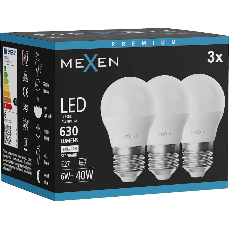 Mexen Nova 3x LED-lampa E27, G45, 6W, Neutral - 4000K, 630 lm - L101-E27-0640-01x03
