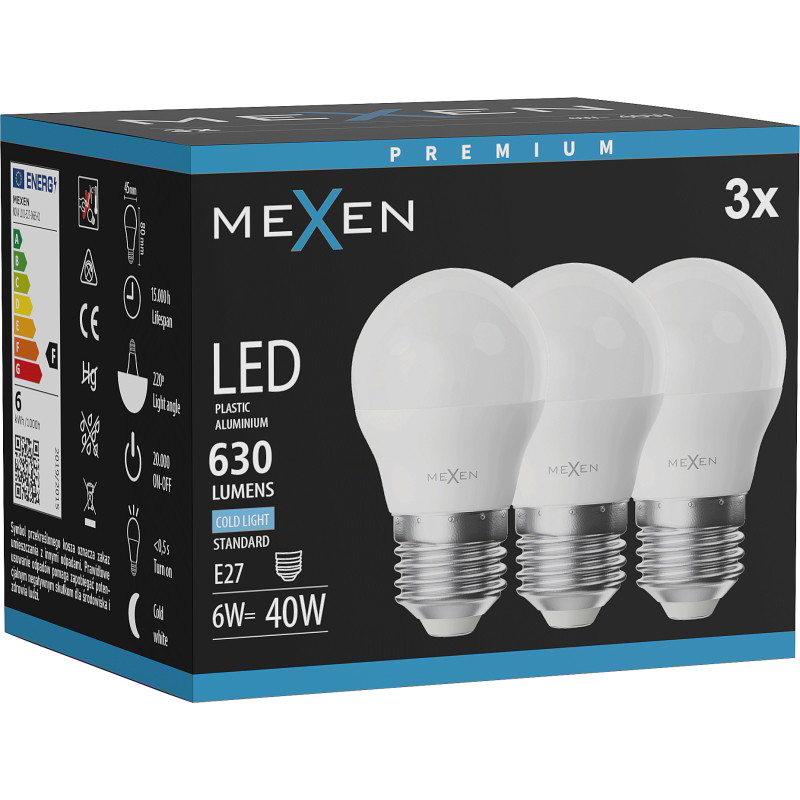 Mexen Nova 3x Bombilla LED E27, G45, 6W, Fría - 6500K, 630 lm - L101-E27-0665-01x03