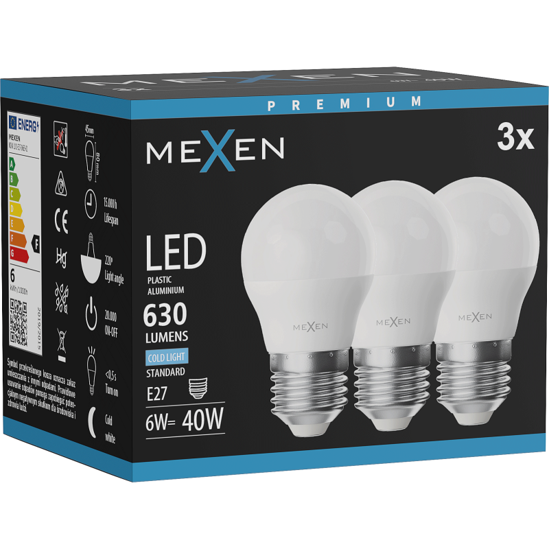 Mexen Nova 3x żarówka LED E27, G45, 6W, Zimna - 6500K, 630 lm - L101-E27-0665-01x03