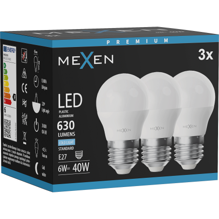 Mexen Nova 3x LED-polttimo E27, G45, 6W, Kylmä - 6500K, 630 lm - L101-E27-0665-01x03