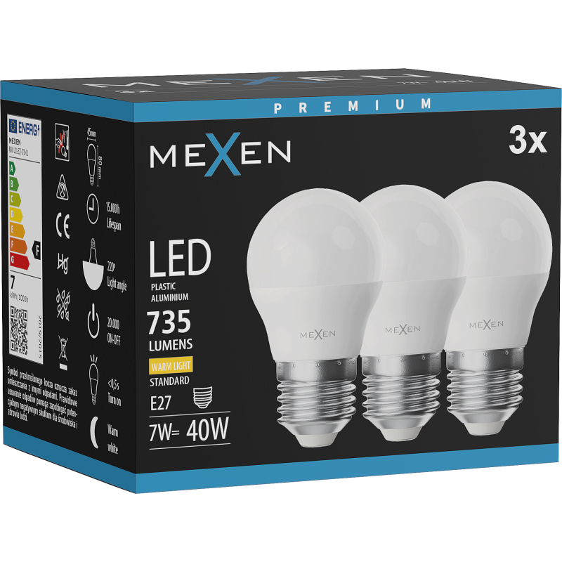 Mexen Nova 3x LED-Glühbirne E27, G45, 7W, Warm - 3000K, 735 lm - L101-E27-0730-01x03